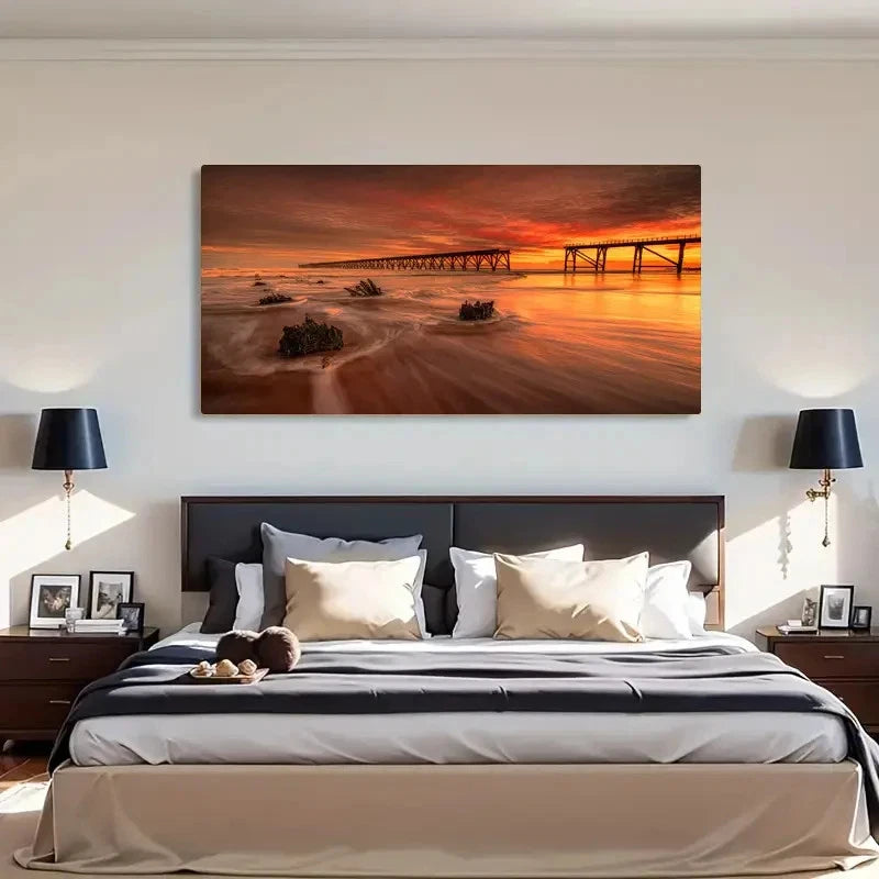 Serene Pier & Ocean Sunset Wall Art Canvas Office Home Room Framed 120x60cm