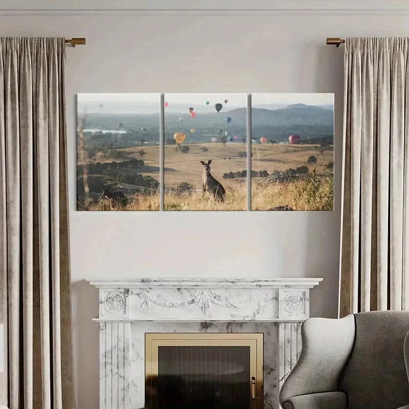 3pcs Kangaroo Hot Air Balloon Decoration Wall Art Set Canvas Framed 40x60cm - High Quality Print 100% Australian Made Wall Canvas Ready to Hang - Bella Home Decor