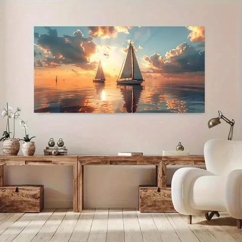 Serene Sunset Sailboats  Wall Art wall canvas office home room framed 120x60cm - Bella Home Decor