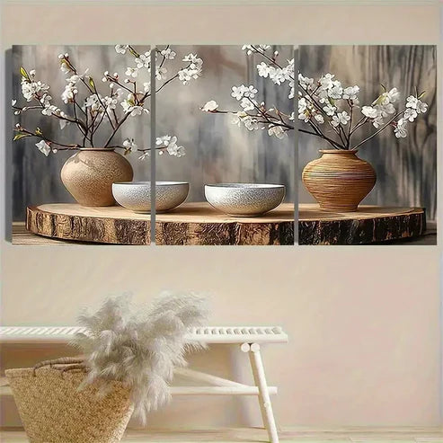 3pcs Rustic Vase and Bowl Set with Cherry Wall Art Set Canvas Unframed - High Quality Print 100% Australian Made Wall Canvas - Bella Home Decor