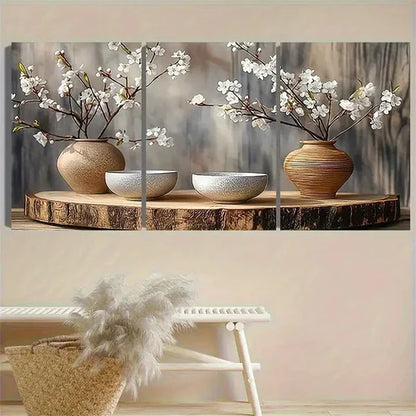 3pcs Rustic Vase and Bowl Set with Cherry Wall Art Set Canvas Unframed - High Quality Print 100% Australian Made Wall Canvas - Bella Home Decor