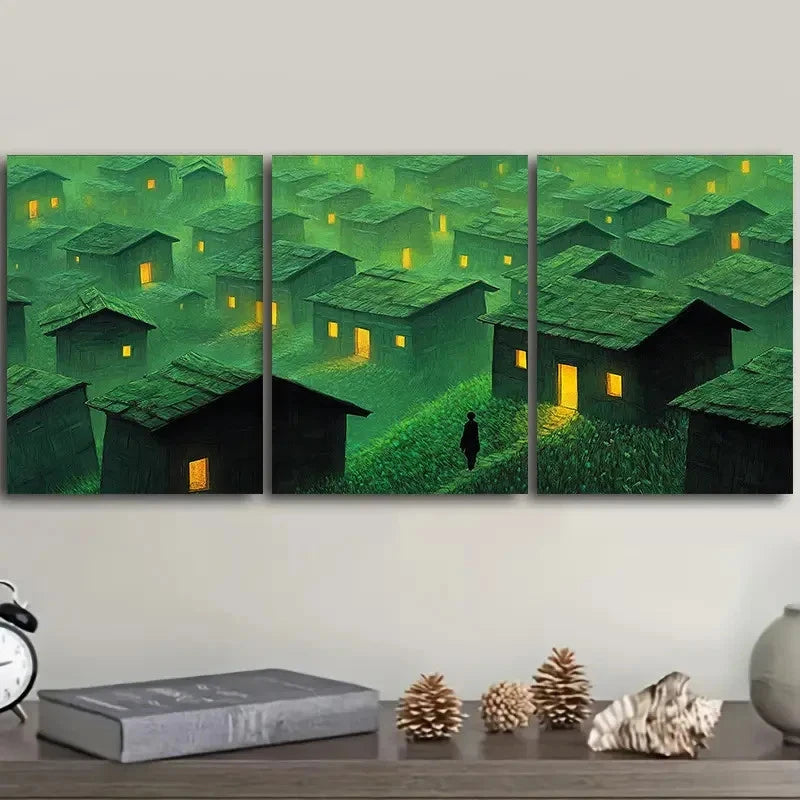 3pcs Green Village Houses Design Deco Style Wall Art Set Canvas Framed 50x70cm - High Quality Print 100% Australian Made Wall Canvas Ready to Hang - Bella Home Decor