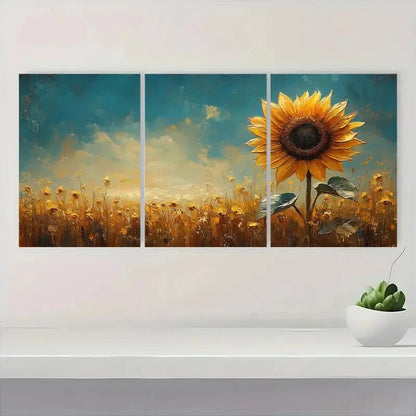 3pcs Vib Sunflower & Wildflower Field Design  Wall Art Set Canvas Framed 60x90cm - High Quality Print 100% Australian Made Wall Canvas Ready to Hang