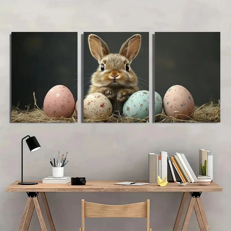 3pcs Black Retro Easter Bunny Pastel Perfect Wall Art Set Canvas Framed 40x60cm - High Quality Print 100% Australian Made Wall Canvas Ready to Hang - Bella Home Decor