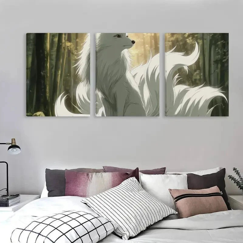 3pcs 9 Tailed White Fox with Forest Scene   Wall Art Set Canvas Framed 50x70cm - High Quality Print 100% Australian Made Wall Canvas Ready to Hang - Bella Home Decor