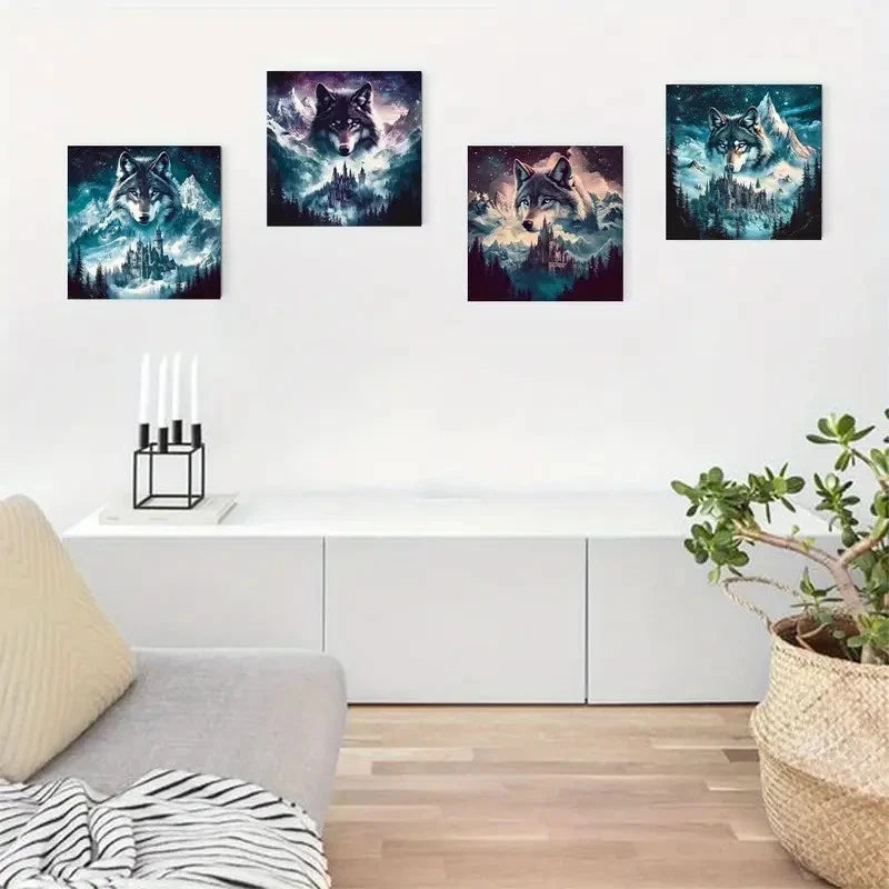 4pcs Abstract Wolf Theme Poster  Wall Art Canvas Framed