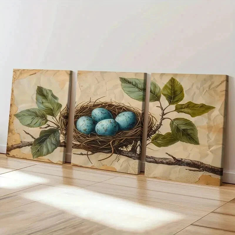 3pcs Bird's Nest Blue Eggs Green Leaves Wall Art Set Canvas Framed 40x60cm - High Quality Print 100% Australian Made Wall Canvas Ready to Hang - Bella Home Decor