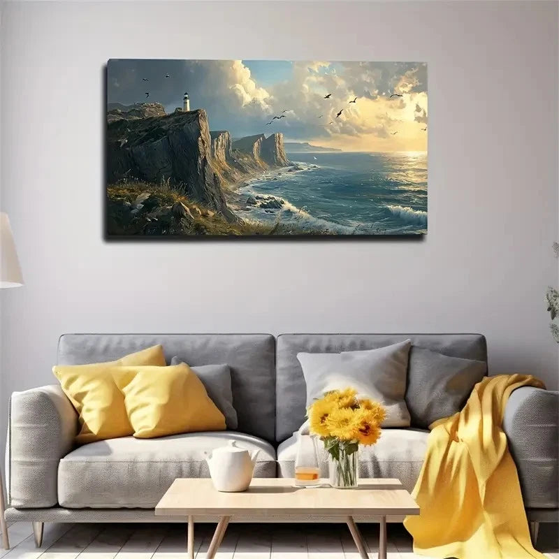 Lighthouse On The Cliff Wall Art Canvas Office Home Room Framed 120x60cm