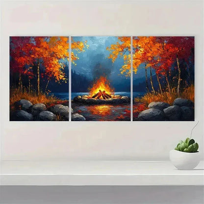 3pcs Cozy Campfire Painting Bold Tones SA Wall Art Set Canvas Unframed - High Quality Print 100% Australian Made Wall Canvas - Bella Home Decor