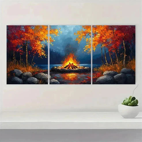 3pcs Cozy Campfire Painting Bold Tones SA Wall Art Set Canvas Unframed - High Quality Print 100% Australian Made Wall Canvas - Bella Home Decor