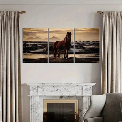 3pcs Brown Horse Near a River & Sunset Wall Art Set Canvas Framed 60x90cm - High Quality Print 100% Australian Made Wall Canvas Ready to Hang - Bella Home Decor