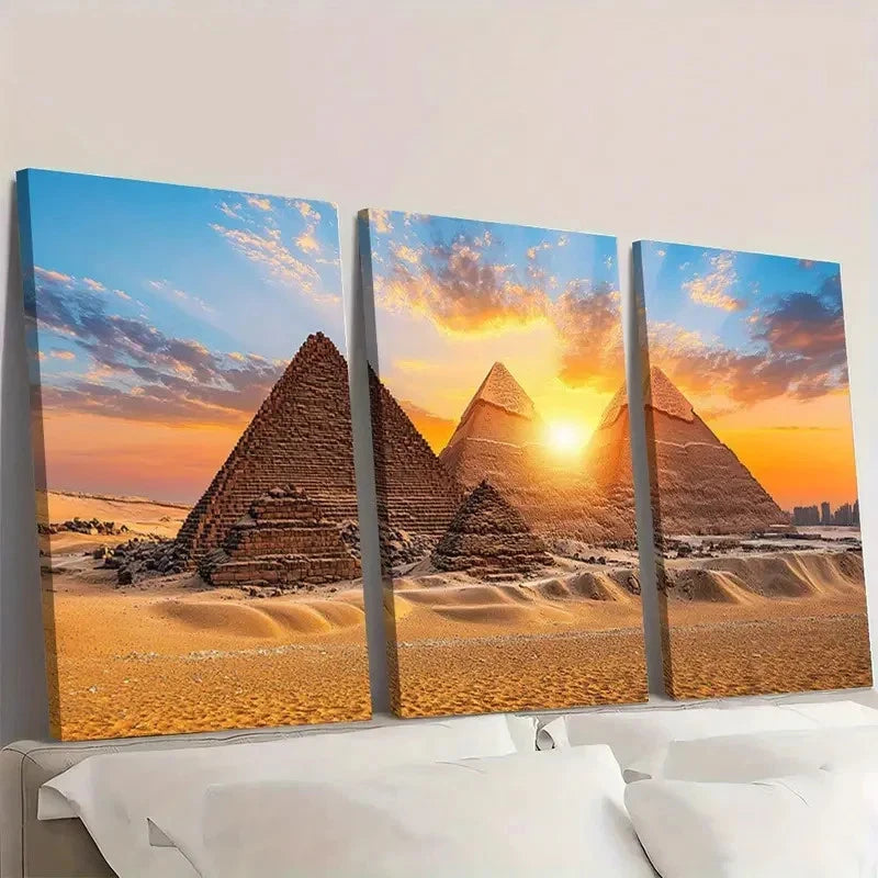 3pcs Pyramids of Giza Sunset Panoramic Wall Art Set Canvas Framed 40x60cm - High Quality Print 100% Australian Made Wall Canvas Ready to Hang