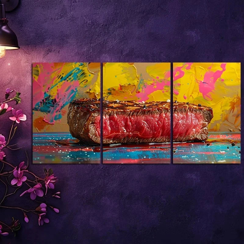 3pcs Vibrant Delicious Steak Metal Print Ready to Hang Art