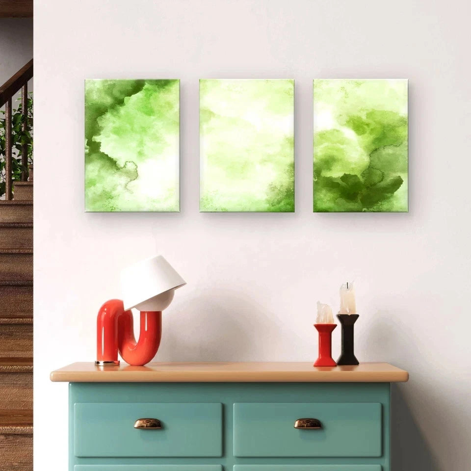 3pcs Vibrant Green Watercolour Wash Wall Art Set Canvas Framed 60x90cm - High Quality Print 100% Australian Made Wall Canvas Ready to Hang