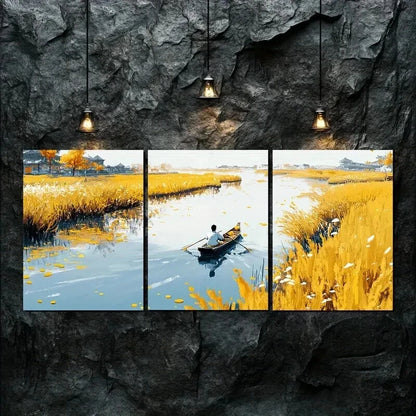 3pcs Stunning Autumn Scenery Boat Perfect Wall Art Set Canvas Framed 60x90cm - High Quality Print 100% Australian Made Wall Canvas Ready to Hang