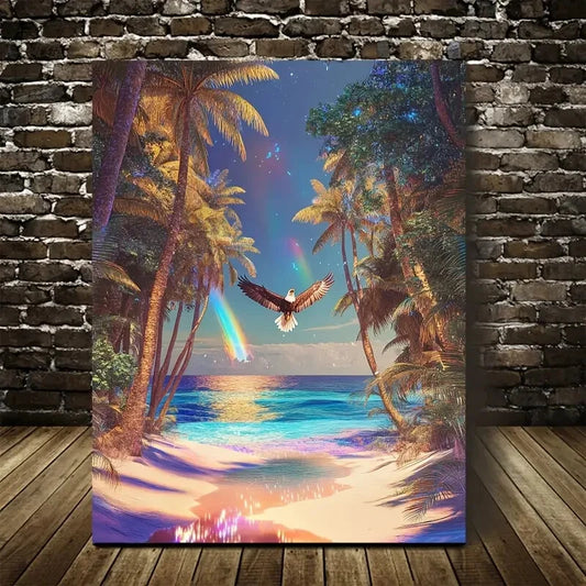 Surreal Eagle Swinging from Trees on Sandy Painting 40x60cm Metal Print Ready to Hang - Bella Home Decor
