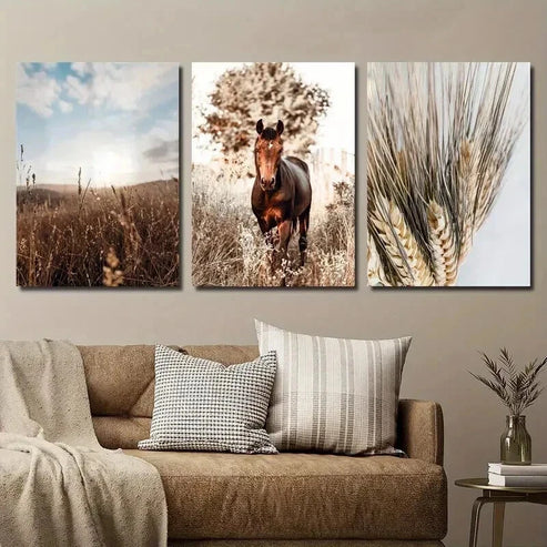 3pcs Brown Horse Western Bohemian Decor Wall Art Canvas Unframed - High Quality Print 100% Australian Made Wall Canvas - Bella Home Decor