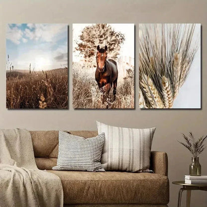 3pcs Brown Horse Western Bohemian Decor Wall Art Canvas Unframed - High Quality Print 100% Australian Made Wall Canvas - Bella Home Decor