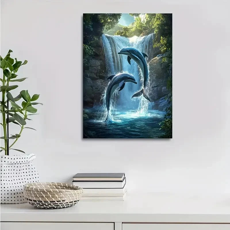 Photorealistic Dolphin Play Scene Near Painting 40x60cm Metal Print Ready to Hang - Bella Home Decor