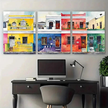 3pcs Painting Colorful Neighbourhood Perfect Wall Art Set Canvas Framed 50x70cm - High Quality Print 100% Australian Made Wall Canvas Ready to Hang