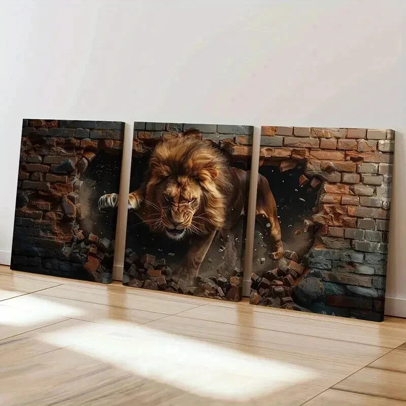 3pcs Majestic Lion Destroying Bricks Wall Art Set Canvas Framed 50x70cm - High Quality Print 100% Australian Made Wall Canvas Ready to Hang - Bella Home Decor