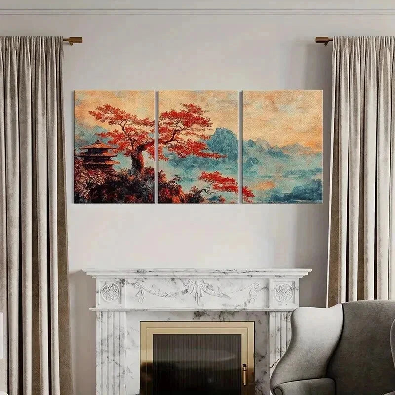 3pcs Autumn Landscape Red Maple Tree Wall Art Set Canvas Framed 50x70cm - High Quality Print 100% Australian Made Wall Canvas Ready to Hang - Bella Home Decor
