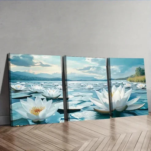 3pcs Water Lilies on Water Nature Beauty Perfect Wall Art Set Canvas Unframed - High Quality Print 100% Australian Made Wall Canvas