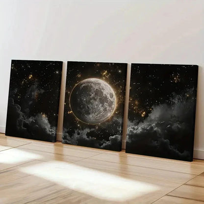 3pcs Moonlit Sky, Cosmic Clouds, Celestial Art   Wall Art Set Canvas Framed 50x70cm - High Quality Print 100% Australian Made Wall Canvas Ready to Hang