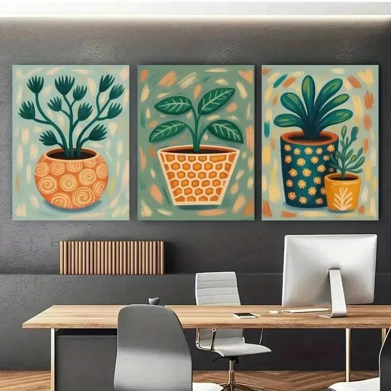 3pcs Botanical  Green Leaves & Potted  Wall Art Set Canvas Framed 40x60cm - High Quality Print 100% Australian Made Wall Canvas Ready to Hang - Bella Home Decor