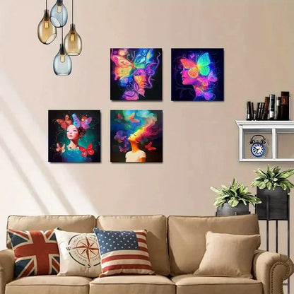 4pcs Glowing Butterfly ,Vibrant Fashion-Themed Wall Art Canvas Framed