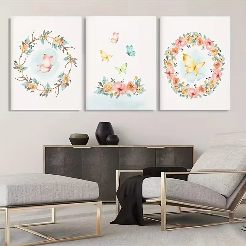 3pcs Bohemian Watercolor Butterfly & Flower  Wall Art Set Canvas Framed 40x60cm - High Quality Print 100% Australian Made Wall Canvas Ready to Hang - Bella Home Decor