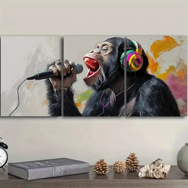3pcs Featuring A Chimpanzee Holding A Mic Wall Art Set Canvas Framed 50x70cm - High Quality Print 100% Australian Made Wall Canvas Ready to Hang