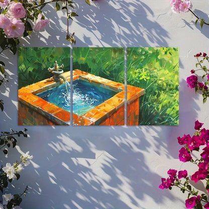 3pcs Small Square Water Tank with Orange Tiles Metal Print Ready to Hang Art