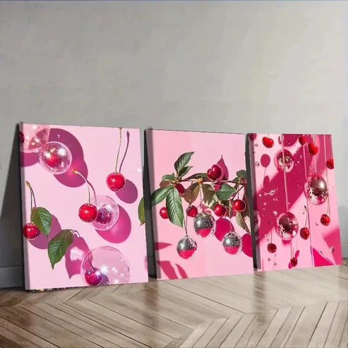 3pcs Cherry and Disco Ball Pink Colorful Sweet Wall Art Set Canvas Unframed - High Quality Print 100% Australian Made Wall Canvas - Bella Home Decor