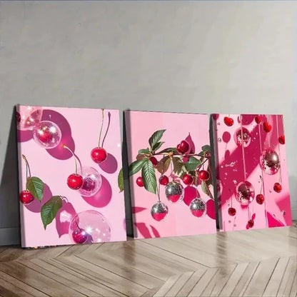 3pcs Cherry and Disco Ball Pink Colorful Sweet Wall Art Set Canvas Unframed - High Quality Print 100% Australian Made Wall Canvas - Bella Home Decor