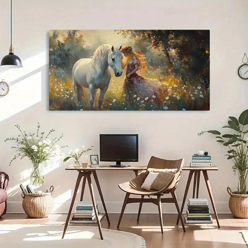 White Horse & Girl Fantasy Wall Art Canvas Office Home Room Framed 120x60cm - Bella Home Decor