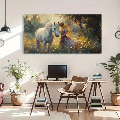 White Horse & Girl Fantasy Wall Art Canvas Office Home Room Framed 120x60cm - Bella Home Decor