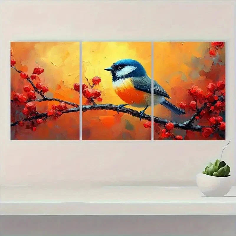 3pcs Vibrant Tufted Chickadee Blue & Orange Birds Metal Print Ready to Hang Art - Bella Home Decor