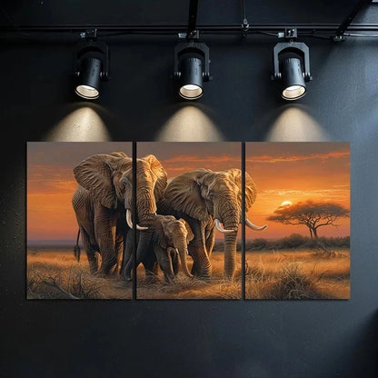 3pcs Elephants on the Grassland Warm Scene Metal Print Ready to Hang Art