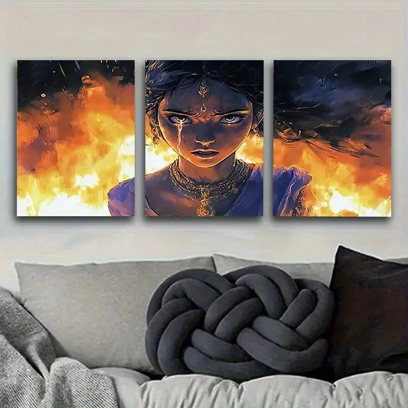 3pcs Fiery Fantasy Character Portrait Wall Art Set Canvas Framed 40x60cm - High Quality Print 100% Australian Made Wall Canvas Ready to Hang