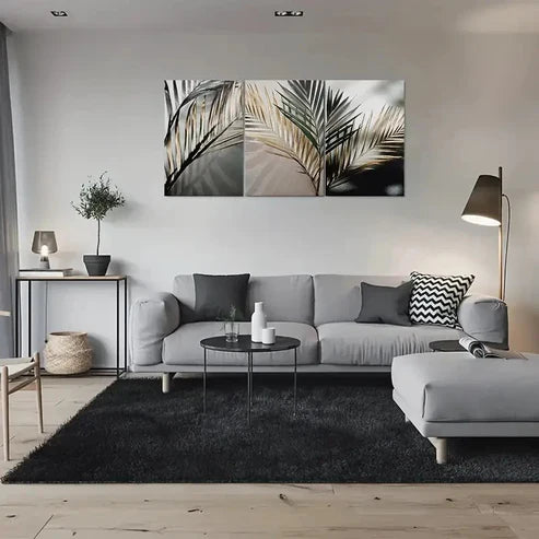 3pcs Black & Golden Green White Palm Leaf Wall Art Canvas Unframed - High Quality Print 100% Australian Made Wall Canvas - Bella Home Decor