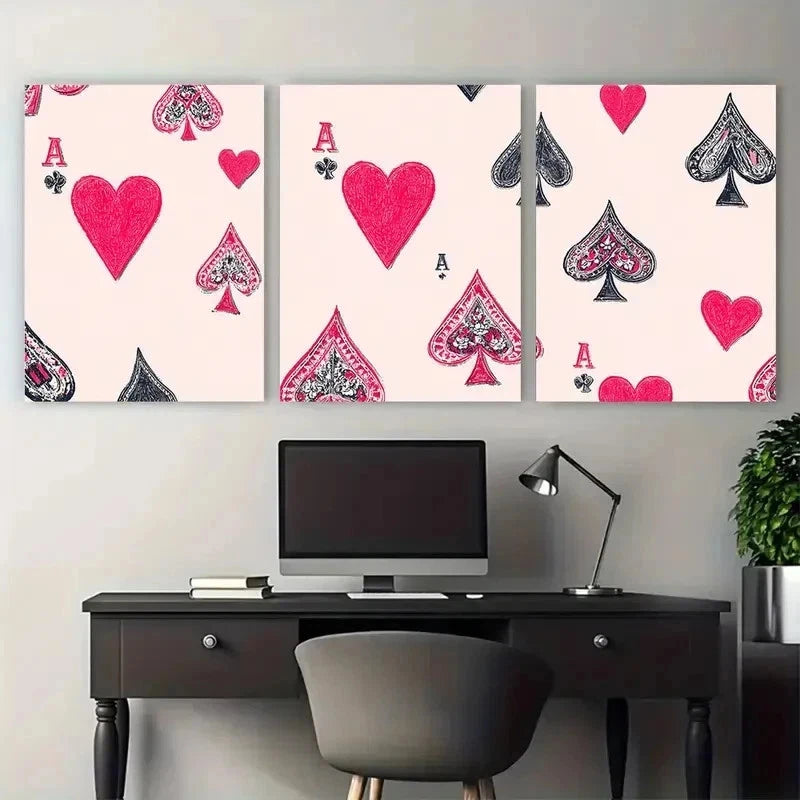 3pcs Pink Playing Card Aesthetic Perfect Wall Art Set Canvas Framed 50x70cm - High Quality Print 100% Australian Made Wall Canvas Ready to Hang