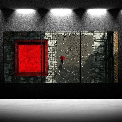 3pcs People Holding Red Umbrellas on Rainy Metal Print Ready to Hang Art