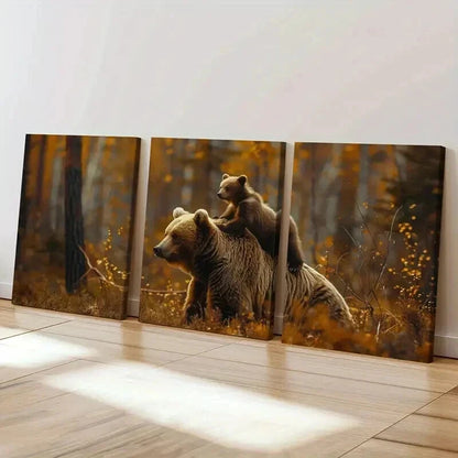 3pcs Bear And Cub Forest Autumn Nature Wall Art Set Canvas Framed 40x60cm - High Quality Print 100% Australian Made Wall Canvas Ready to Hang - Bella Home Decor