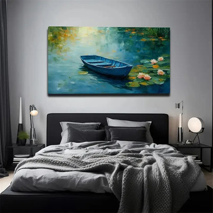 Blue Boat Quietly Floating Wall Art Canvas Office Home Room Framed 120x60cm