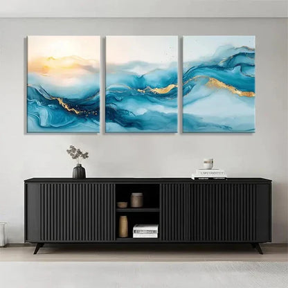 3pcs Blue and Golden Abstract Ocean Wave Perfect Wall Art Set Canvas Unframed - High Quality Print 100% Australian Made Wall Canvas