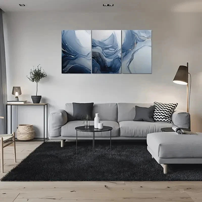 3pcs Blue and White Marble Effect Metal Print Ready to Hang Art - Bella Home Decor