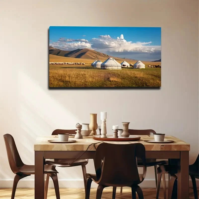 Mongolian Yurt Landscape Wall Art Canvas Office Home Room Framed 120x60cm