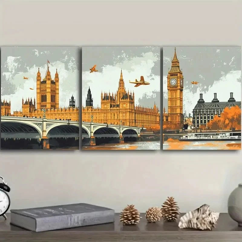 3pcs Big Ben & Downtown England  Wall Art Set Canvas Framed 60x90cm - High Quality Print 100% Australian Made Wall Canvas Ready to Hang - Bella Home Decor