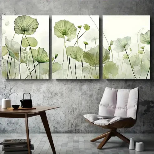 3pcs Serene Green for Lotus Leaf Abstract Wall Art Canvas Unframed - High Quality Print 100% Australian Made Wall Canvas